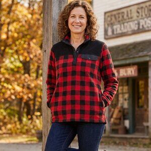 Eddie Bauer Womens X Buffalo Plaid Fleece Pullover‎ Snap Neck Red Black Sweater